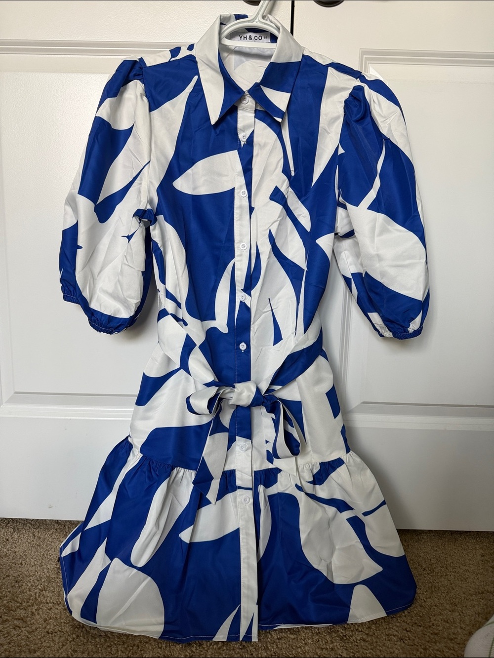Blue & White Abstract Tie-Waist Mini Shirt Dress